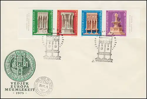 1975 Hongrie 3060/3063B Année de conservation des monuments, ensemble de bandes de quatre non-dentées sur FDC