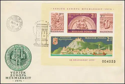 1975 Hongrie 3064-3067 bloc 115B Année de conservation des monuments, non-denté sur FDC