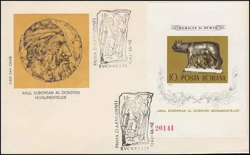1975 Rumänien 3274 Block 122 Denkmalschutzjahr Romulus Remus Wölfin, FDC