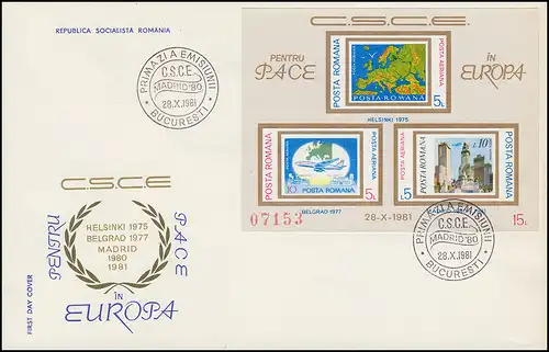 1981 Roumanie 3825/3827 bloc 183 Conférence CSCE Madrid, sur FDC
