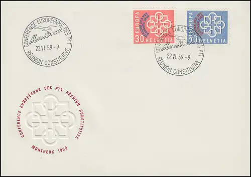 1959 Schweiz 681/82 PTT-Konferenz in Montreux, Satz mit Zudruck REUNION auf FDC