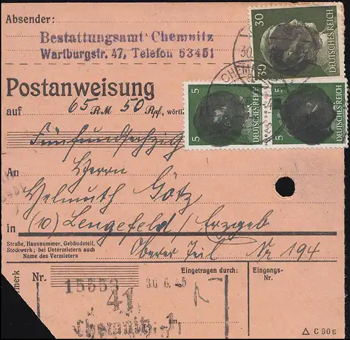 Sächsische Schwärzung AP 782I+794I Hitler auf Postanweisung CHEMNITZ 30.6.45