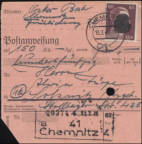 Sächsische Schwärzung AP 797I Hitler 60 Pf. auf Postanweisung CHEMNITZ 13.7.45