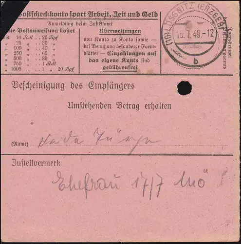 Sächsische Schwärzung AP 797I Hitler 60 Pf. auf Postanweisung CHEMNITZ 13.7.45
