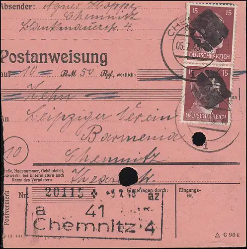 Sächsische Schwärzung AP 789I Hitler 2x15 Pf. Orts-Postanweisung CHEMNITZ 5.7.45