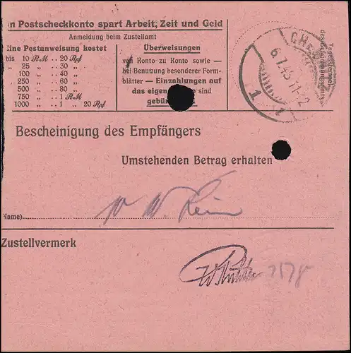 Sächsische Schwärzung AP 789I Hitler 2x15 Pf. Orts-Postanweisung CHEMNITZ 5.7.45
