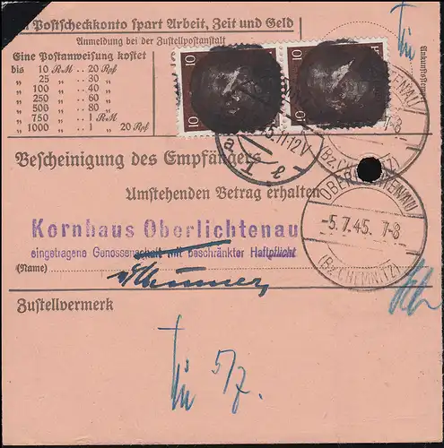 Sächsische Schwärzung AP 826I+795I Hitler auf Postanweisung CHEMNITZ 3.7.45