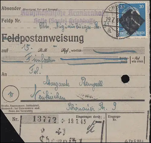 Sächsische Schwärzung AP 784I+791I Hitler auf Postanweisung CHEMNITZ 19.7.45