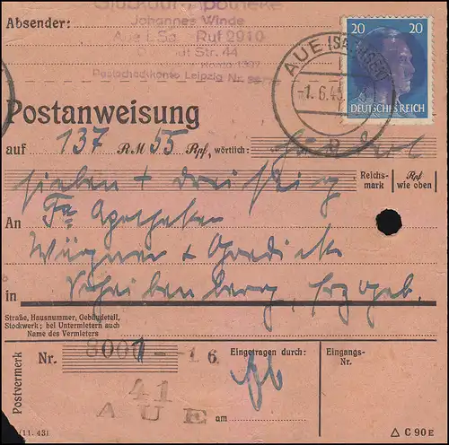 Sächsische Schwärzung AP 791I Hitler 3x20 Pf. violett, Postanweisung AUE 1.6.45