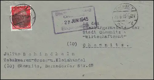 Sächsische Schwärzung AP 786I Hitler 8 Pf. EF auf Orts-Brief CHEMNITZ 28.6.45