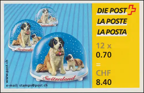 Schweiz Markenheftchen 0-122, Schneekugel Bernhardiner, selbstklebend, 2001, **