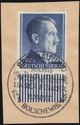 802 A Hitler 5 Mark mit Unterrand Briefstück SSt BRAUNAU Unser F... 20.4.43