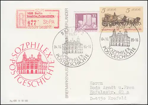 P 93 Sozphilex mit Zusatzfr. und Sonder-R-Zettel, passender SSt BERLIN 4.10.85