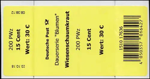 3424 Wiesenschaumkraut 15 Cent + CF Banderole / Aufkleber, große Nummer