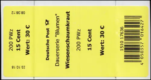 3424 Wiesenschaumkraut 15 Cent + CF Banderole / Aufkleber, große Nummer