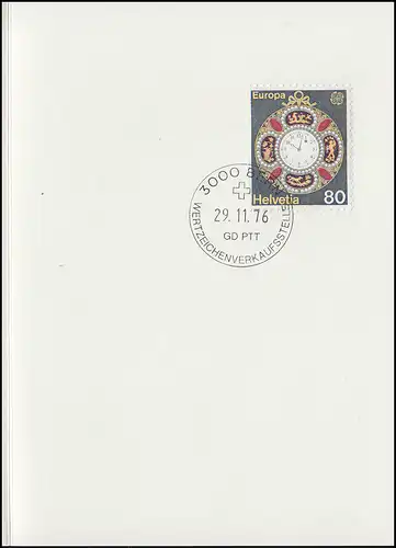 Suisse 1074 EUROPE Horloge de poche 1976, carte de voeux PTT à la fin de l'année