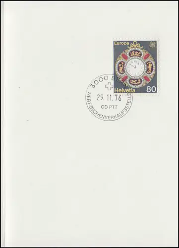 Suisse 1074 EUROPE Horloge de poche 1976, carte de voeux PTT à la fin de l'année
