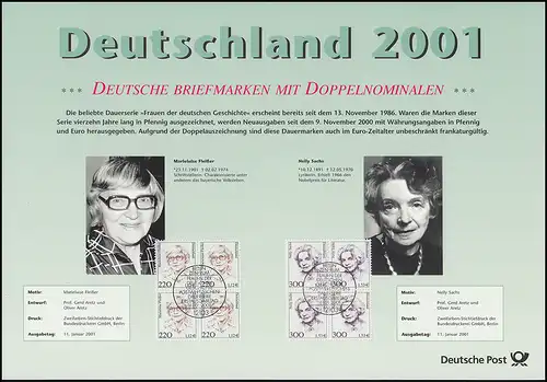 Allemagne 2001: Documentation Timbres avec double monnaie SWK et femmes