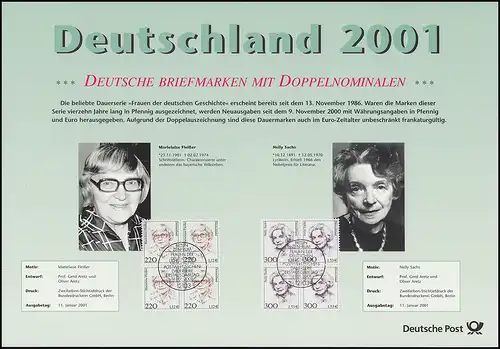 Deutschland 2001: Dokumentation Briefmarken mit Doppelnominalen SWK und Frauen