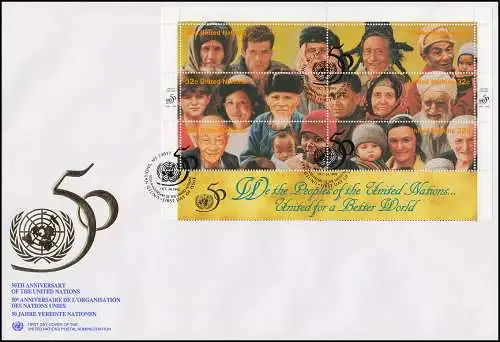 UNO New York 50 ans UNU 273-284 en mini-arc sur 2 bijoux FDC 24.10.1995