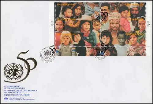 UNO New York 50 ans UNU 273-284 en mini-arc sur 2 bijoux FDC 24.10.1995