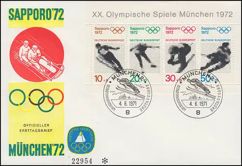 Bloc 6 Olympiades 1972 sur FDC d'aide sportive avec ESSt Munich 4.6.1971