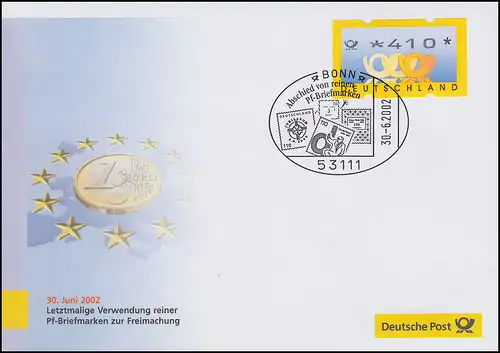 Euro-Einführung: SSt Bonn 30.6.02 Abschied von reinen Pf-Briefmarken, ATM 410 Pf