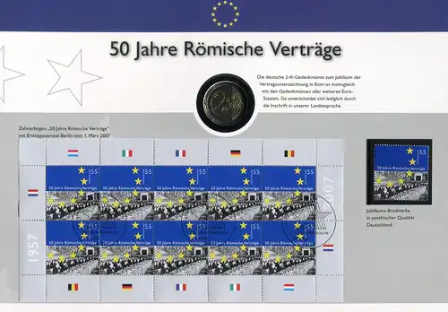Documentation: 50 ans de traités de Rome avec marque et ZB 2593 et pièce de 2 euros