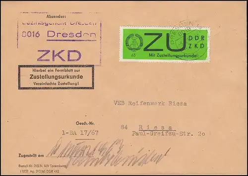 Dienst E 2y Zustellungsurkunde EF ZKD-Brief DRESDEN 9.3.67, geprüft GERHARDT BPP