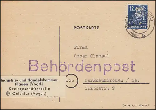 216 Engels 12 Pf. Post de porto approprié carte postale OELSNITZ / VOGTL. 13.7.50