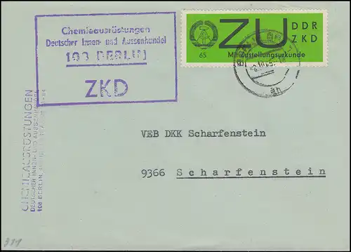 Dienst E 2 Zustellungsurkunde ZKD-Brief BERLIN 8.10.65 nach SCHARFENSTEIN 9.10.