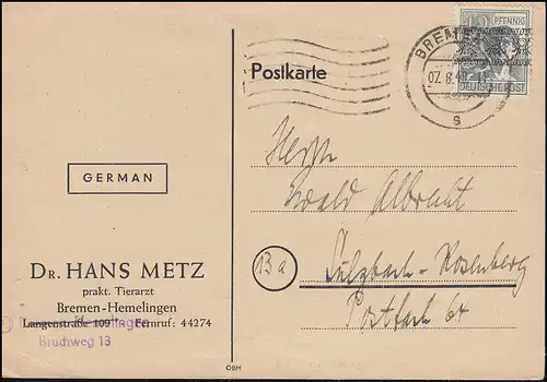 40I Bandaufdruck 12 Pf.als EF auf Postkarte BREMEN 7.8.1948 nach Sulzbach