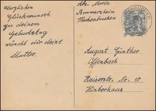 40II Netzaufdruck 12 Pf. EF auf Glückwunschkarte WACHENBUCHEN - HANAU 27.7.1948