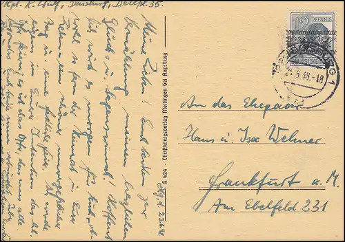 40I Bandaufdruck 12 Pf. EF auf Postkarte DUISBURG 1 - 24.6.1948 nach Frankfurt