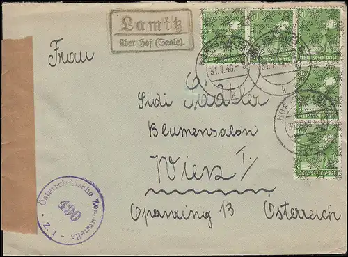 Zensur Landpost Lamitz über Hof (Saale) MeF 5mal 39II Brief HOF SAALE 31.7.1948