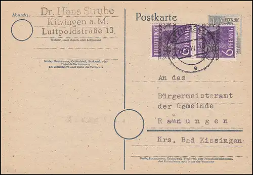 37I Bandaufdruck 6 Pf. als MeF Aufbrauch-GA, KITZINGEN 19.8.1948 nach Raunungen