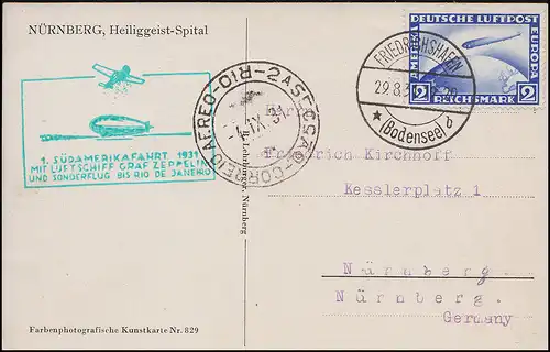 Zeppelinpost 1. Südamerikafahrt 1931 mit 423 2 RM, FRIEDRICHSHAFEN 29.8.31