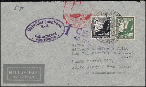 Deutsche Luftpost Europa-Südamerika Lp-Bf. SSt SCHRAMBERG Uhrenstadt März 1938