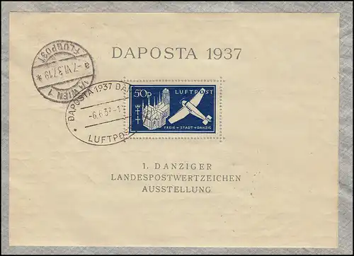 Danzig Block 2a Ausstellung DAPOSTA mit 252 auf FDC passender ESSt DANZIG 6.6.37