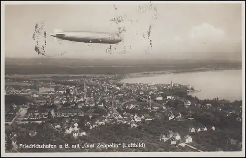 Luftbild-Ansichtskarte Friedrichshafen a.B. mit Luftschiff Graf Zeppelin, 1.6.34