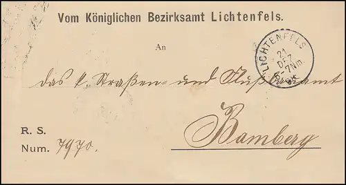 Bayern 1898: Brief Königliches Bezirksamt LICHTENFELS 21.12. nach BAMBERG 22.12.