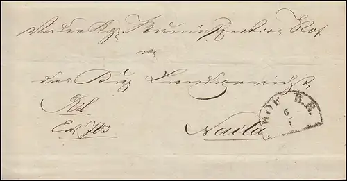 Bayern 1854: Faltbrief aus HOF B.E. Halbkreis-O 6.1. nach NAILA Halbkreis-O 6.1.