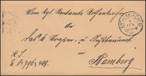 Bavière 1891: Lettre de Rentamte royale ROTHENKIRCHEN 5.2. vers BAMBERG 5.2