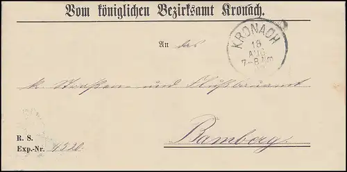 Bavière 1902: Blitzbrief Erzubte Erkreis-O KRONACH 18.8. vers BAMBERG 19.8.