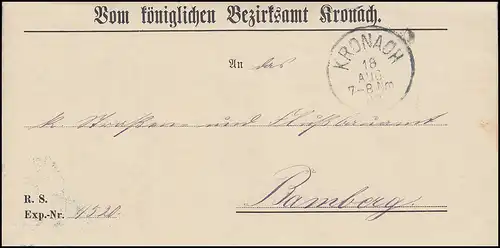 Bayern 1902: Faltbrief Bezirksamt Einkreis-O KRONACH 18.8. nach BAMBERG 19.8.