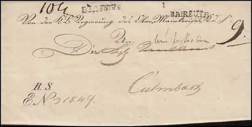 Bayern Vorphilatelie 1835: Faltbrief Einzeiler BAIREUTH nach Kulmbach