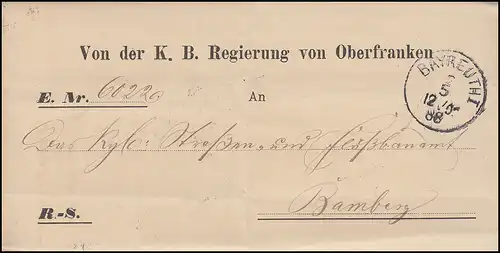 Bayern 1888: Faltbrief Regierung von Oberfranken BAYREUTH 2.5. nach BAMBERG 2.5.
