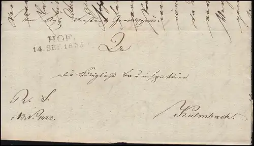 Bayern Vorphilatelie 1835: Faltbrief Zweizeiler HOF 14. SEP. 1835 nach Kulmbach