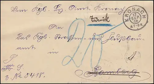 Bayern 1906: Lettre de KRONACH 12.9. vers BAMBERG (SCHILLERPL.) 13.9.