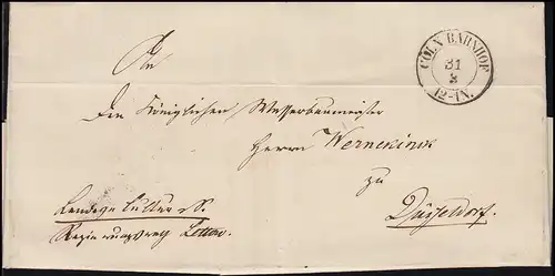 Prusse 1863: Lettre de pli à deux cercles-O CÖLN BAHNHOF 31.3. vers DUSSELDORF